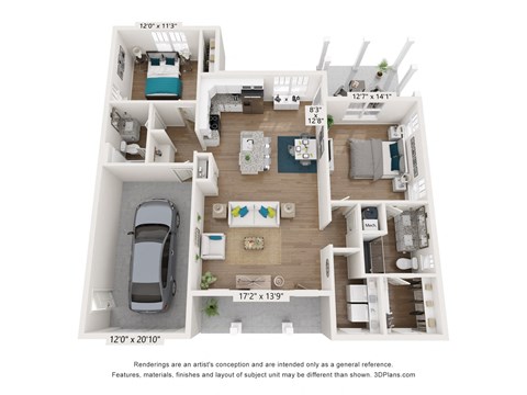 a floor plan of a 1 bedroom floorplan with a convertible car in the bedroom